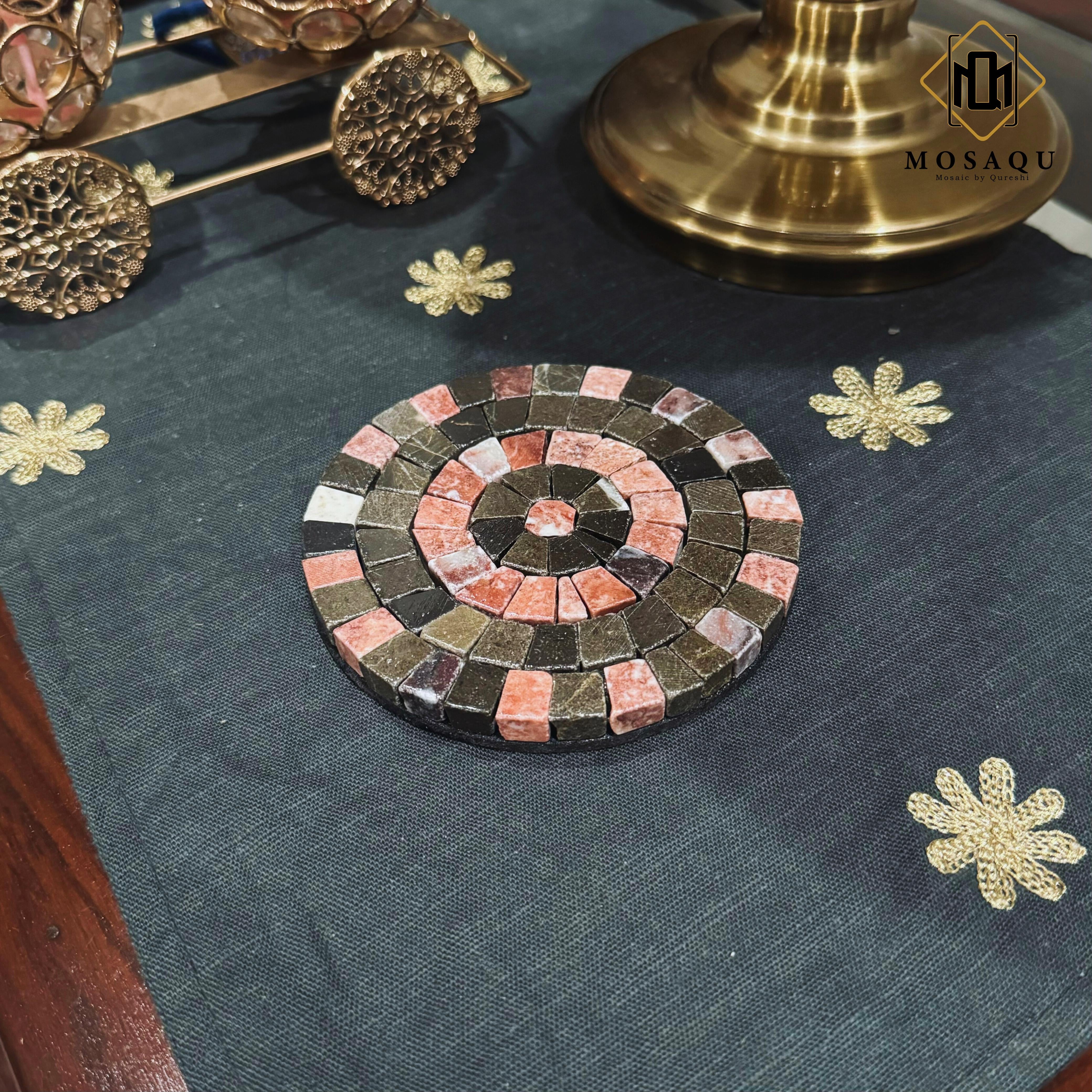Terra Rose & Tawny Brown Stone Coaster with Mosaic Art Patterns